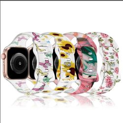 4 Pack Transparent Silicone Bands Compatible With Apple Watch Band 41mm 40mm 38mm 49mm 45mm 44mm 42mm, Printed Sport Strap Floral Pattern Wristband Fo