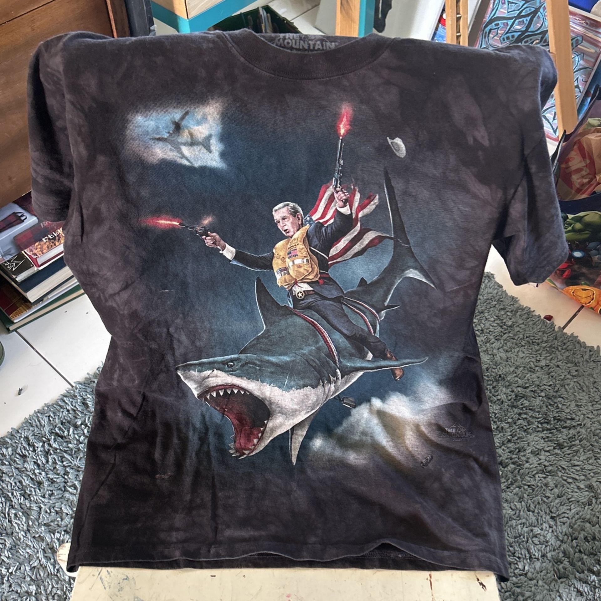 George W. Bush, The Mountain T-Shirt Medium, Riding Shark Guns A Blazing!