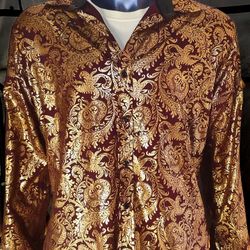 Consequence Men's Large Gold Foil Burgundy Dress Shirt Long Sleeve