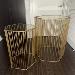 Gold Hexagon Side Tables with Glass Tops (Set of 2)