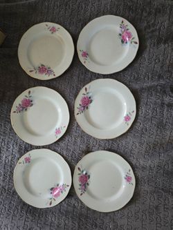 Vintage Pink Rose Porcelain Dessert Plates Set of 6 Gold Trim