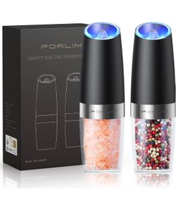 FORLIM Gravity Electric Salt and Pepper Grinder Set, Automatic Pepper Grinder Shakers Mill, Upgraded Batteries Powered Adjustable Coarseness with LED,
