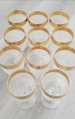 Vintage Gold Rim Crystal Wine Water Goblets Set of 11 Cut Diamond Stemware 6"