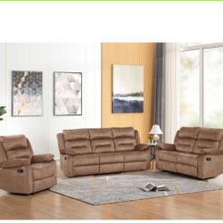 3PC TAN Fabric Manual Reclining Sofa Set