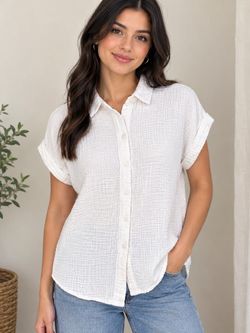 White Gauze Button-Down Short Sleeve Shirt
