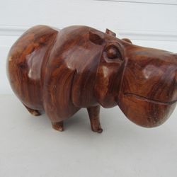 Hippo Hippopotamus Hand Carved Vintage Heavy Solid Wood Sculpture 17"
