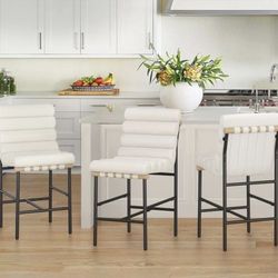 26" Beige Fabric Upholstered Counter Height Bar Stool Black Metal Legs Counter Stools w/ Tufted Back & Cushion Set of 3