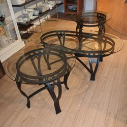 WROUGHT IRON COFFEE TABLE AND TWO END TABLES