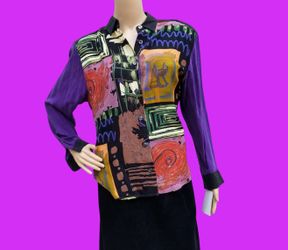 NWT Vtg Essay Petites Size 4 Multicolor Purple Abstract Rayon Blouse Print Shirt 