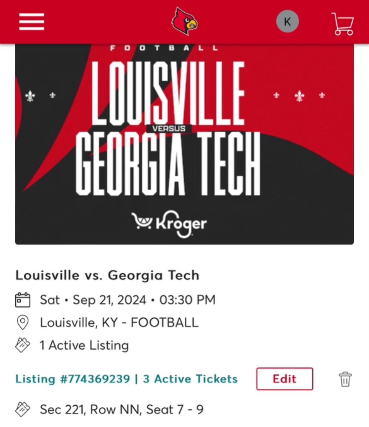 3 Tickets Louisville / Georgia Tech Football $35 Ea