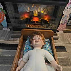 Limited Edition Royal Cathay Porcelain Baby Doll in Handmade Wood Rocking Cradle