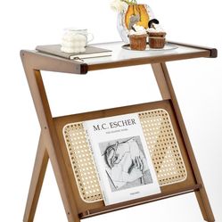RêveLife Rattan End Table with Magazine Rack Glass-top Bamboo Sofa Side Table Accent Bedside Nightstand Boho 2 Shaped Coffee Table for Bedroom Living