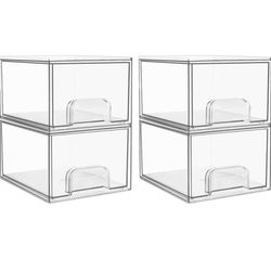 (B) 4 Pack Clear Stackable Storage Drawers, 4.4'' Tall Acrylic Bathroom Makeup Organizer,Plastic Storage Bins For Vanity, Undersink, Kitchen Cabi