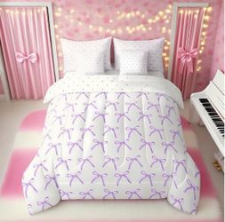 7 Pieces Cartoon Bowknot Kids Comforter Twin Size,Bow Tie Knot Princess Girls Bedding Set,Cute Bow Sketch Geometric Purple Romantic(Comforter+Fitted+F