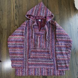 NWOT Mexican Baja Hoodie Pullover Hooded Jacket Burgundy Red Multicolor Size M