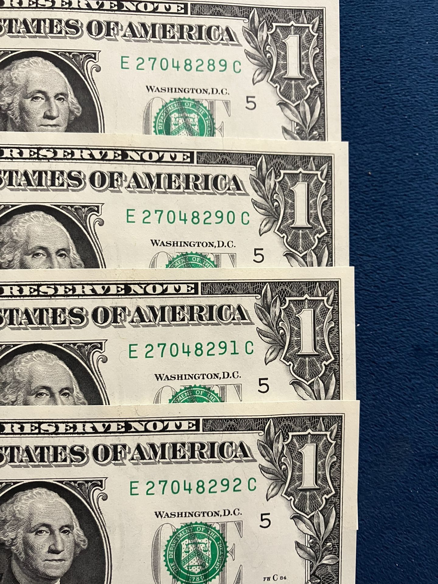 Lot of 4 sequential one dollar.289.290.291.292