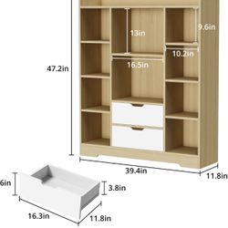 Oak and White Kids Bookshelf, Kids Bookcase with 10 Cubbies and 2 drawers, 