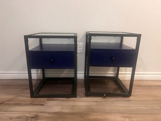 VECELO Modern Square Nightstands Set of 2 with Tempered Glass Top Dark Blue