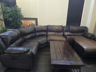Brown Leather Sectional Sofa with Recliner