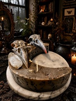 Large crescent moon two raven and quartz candle