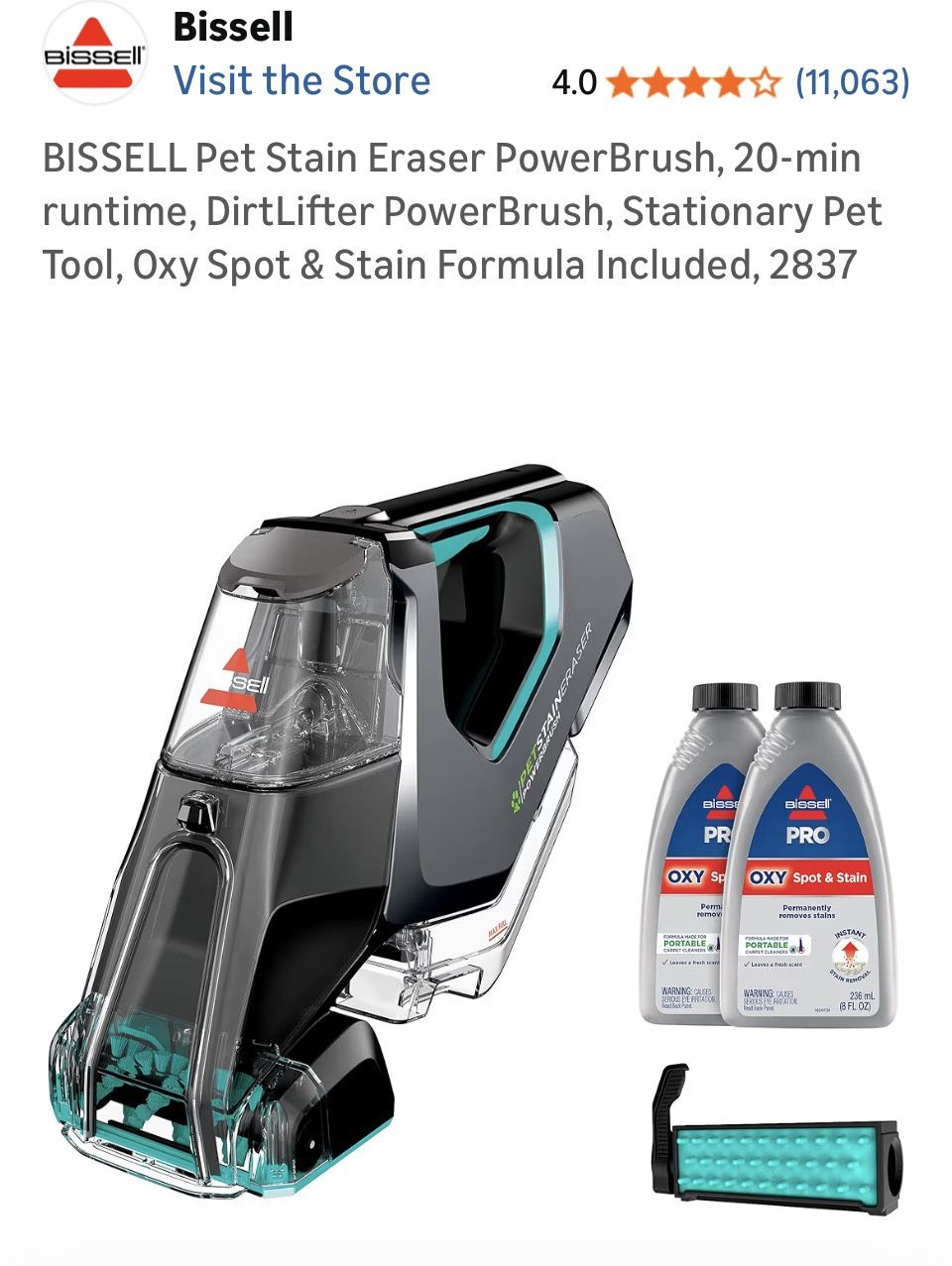 BISSELL Pet Stain Eraser PowerBrush Deluxe Portable Carpet Cleaner 