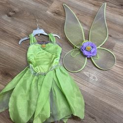 Disney Tinker bell Costume Green Fairy & Wings Dress  Set Size Small 5 / 6. 