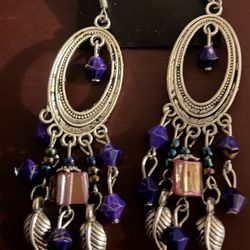 Lot Of Two Pair Of Earrings Pierced Purple And Turquoise Gold Town Dangle Tone 