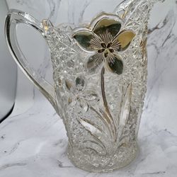 American Brilliant Vintage Cut Glass Pitcher Etched Floral Gold Leaf