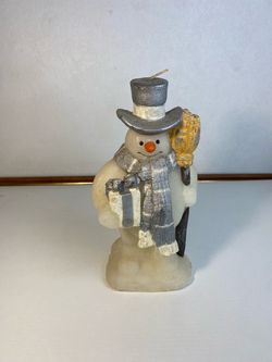 Snowman Candle with Scarf, Hat, Gift, and Broom