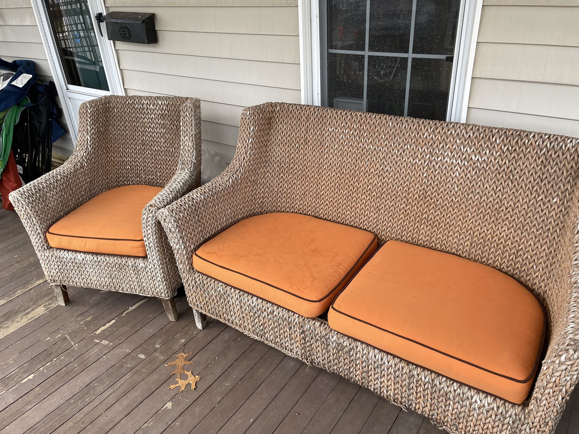 Outdoor Wicker Love Seat and Chair with Cushions