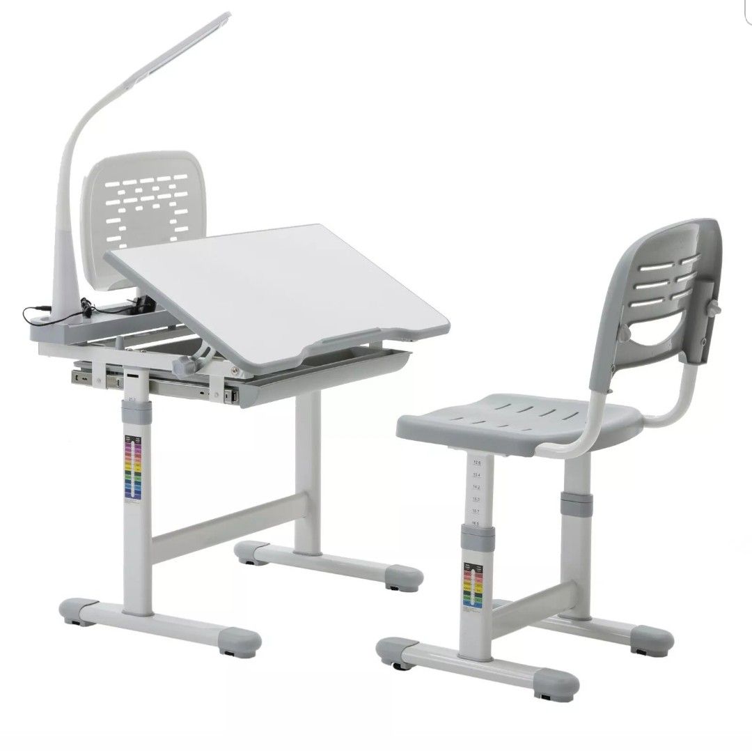 Adjustable children desk chair set with lamp