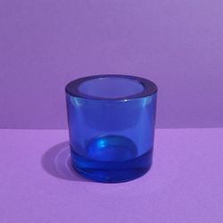 Finland One Marimekko Cobalt Blue Candle Votive Signed Thick Glass .