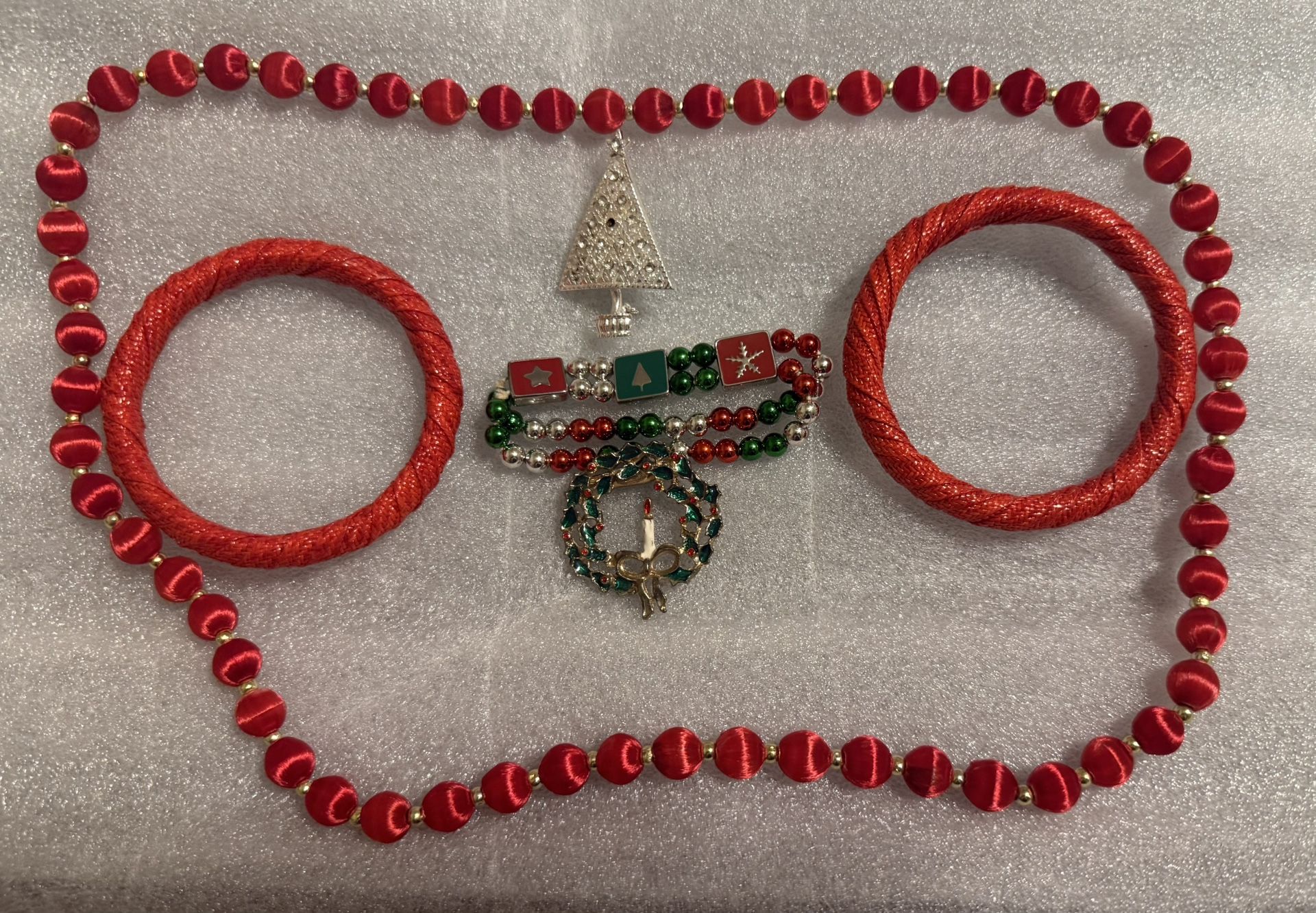 Red Costume  Estate Jewelry ; Red Necklace & Bracelets, Wreath Tree Brooch