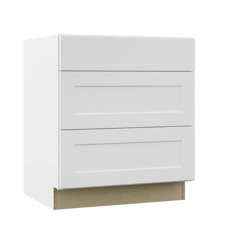 Hampton Bay Shaker 30 in. W x 24 in. D x 34.5 in. H Assembled Drawer Base Kitchen Cabinet in Satin White with Full Extension Glides