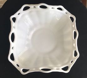 Fostoria Milk Glass Colonial Prism Folded Lace Edge Milk Glass 9" Square Bowl

