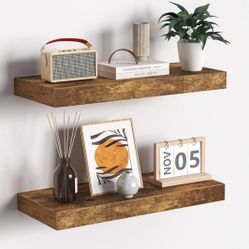 2 Pack 16" Rustic Brown Floating Shelves Wooden Wall Mounted with Brackets
