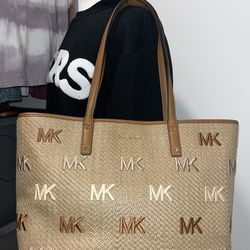 Michael Kors Carter Large Logo Embroidered Straw Tote Bag