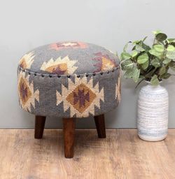 Handmade Kilim Jute Pouf Ottoman - 16" Grey Stool