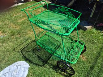 BEAUTIFUL GREEN WROUGHT IRON GARDEN CART ON WHEELS & SO MUCH MORE...