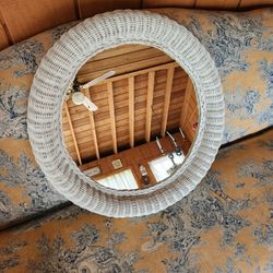 Boho White Wicker 24" Round Mirror rattan beach