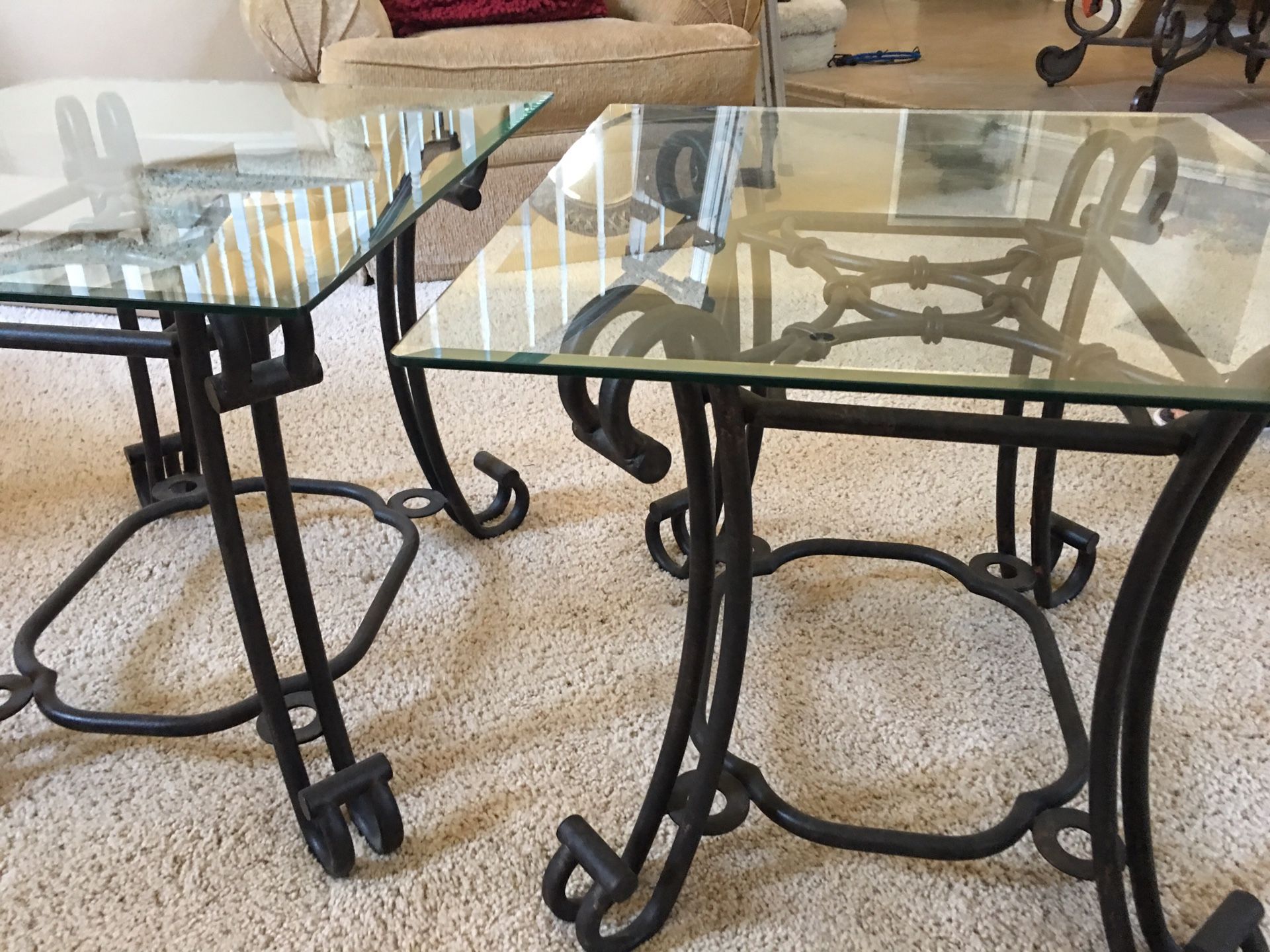 Set of 2 wrought iron/glass top end tables
