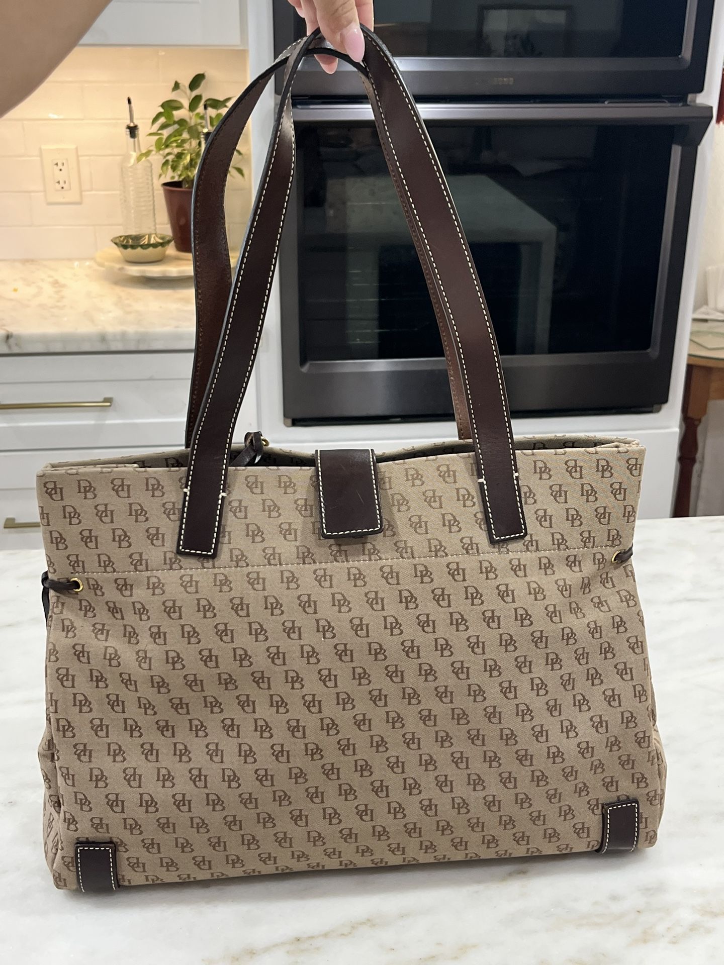 Vintage Dooney Bourke Anniversary Signature Large Jacquard Canvas/ Leather Tote Laptop Work Career