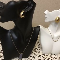 NWOT LOFT Rectangle Stone Pendant on Long Gold Tone Chain Necklace, NWOT Fashion Moon Gold Tone Chain Necklace & NWOT Gold Tone Earrings 