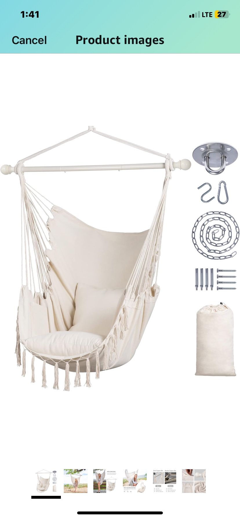 SUNCREAT Hammock Chair Hanging Rope Swing Seat-Max 450lbs Capacity, Extra Large Macrame Hanging Swing with Side Pocket, Two Seat Cushion, Beige