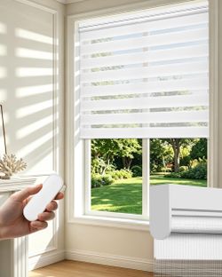 Motorized Zebra Blinds with Remote, Electric Dual-Layer Shades with Dry Battery-Powered, Smart Window Blind with Privacy Light Control (White 33" W x