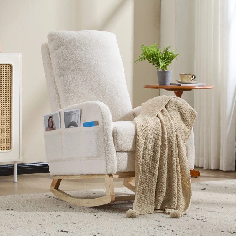 [Free shipping] Modern rocking chair, solid wood legs, living room lounge chair with high backrest (white, teddy bear pattern)