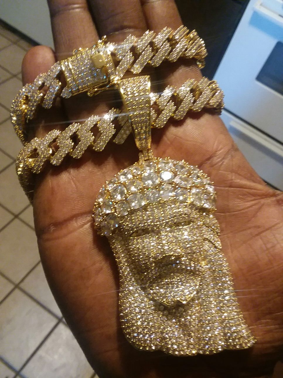 iced out gold filled Cuban link chain wit Jesus piece 14mm 24 inches