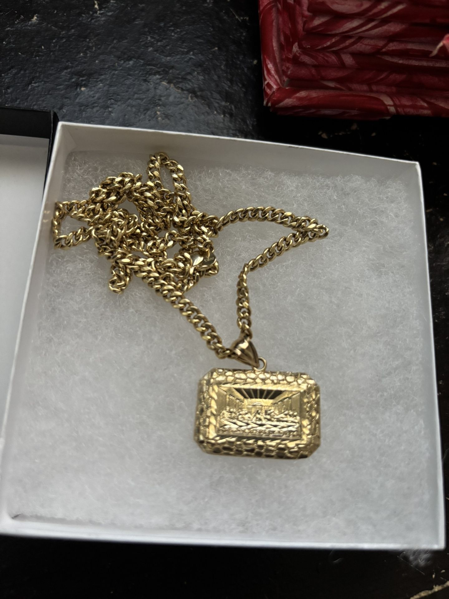 Real 10k Yellow Gold Chain Last Supper pendant Charm Set 4mm Miami Cuban Link Necklace 