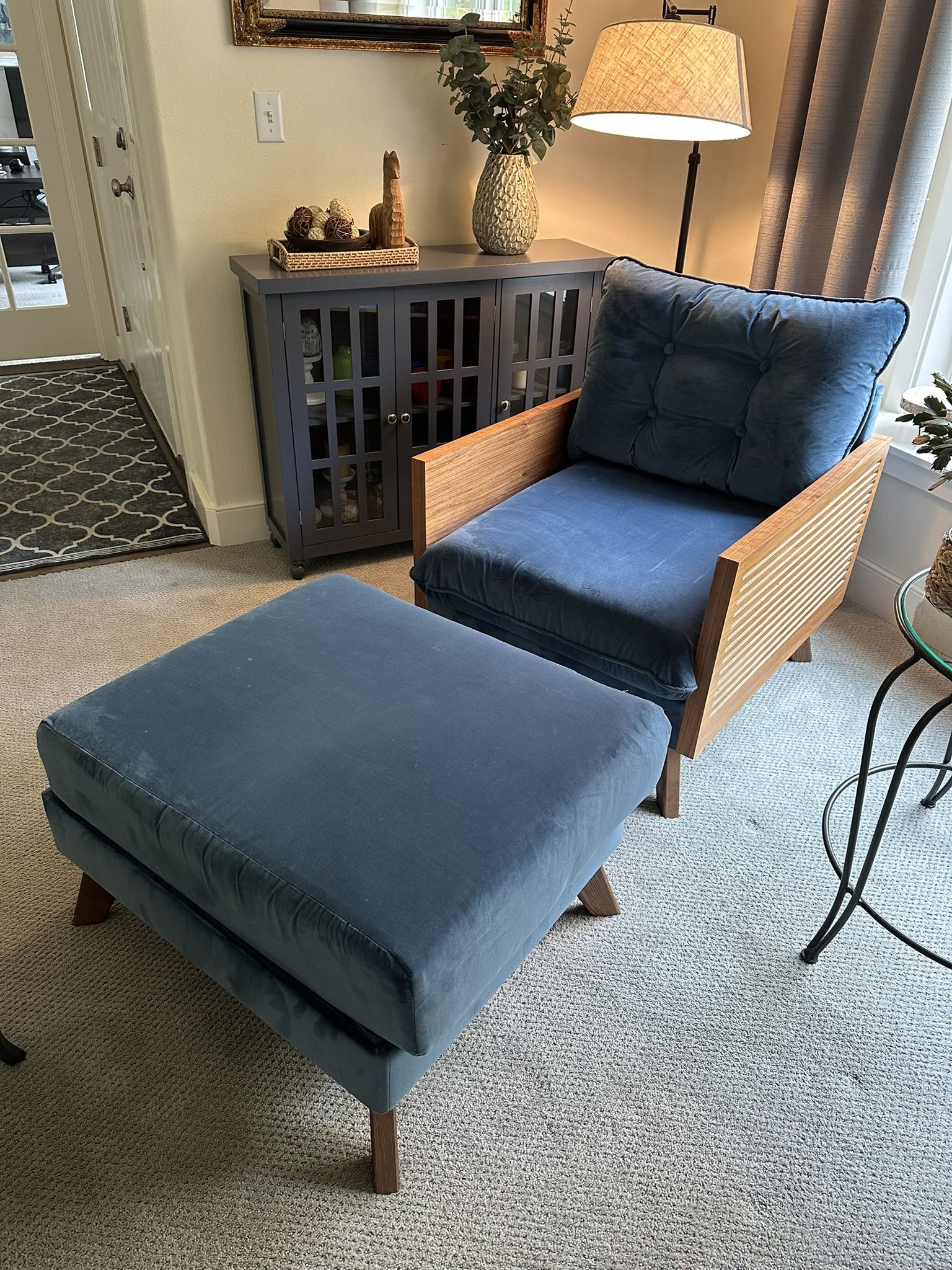 Blue Velvet Club Chair With Ottoman