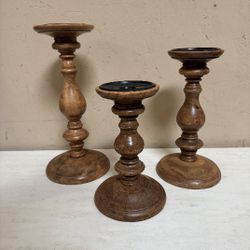 World Market Turned Wood Candleholder Trio